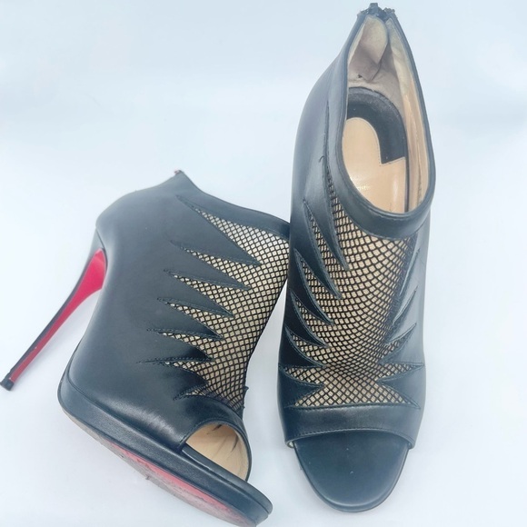 Christian Louboutin Black leather & Mesh peep toe Disorder booties 120mm EU 38 - Picture 2 of 15